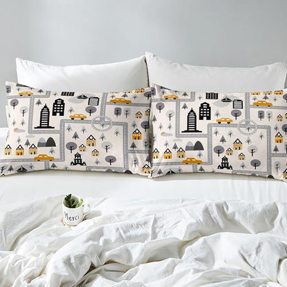 City Road Fitted Sheet Queen 2 Pcs,Cartoon House Trees Mountain Soft Microfiber Sheets Breathable Bedding(No Top Sheet),Boys Girly Grey City Construction Bedsheet with Deep Pocket
