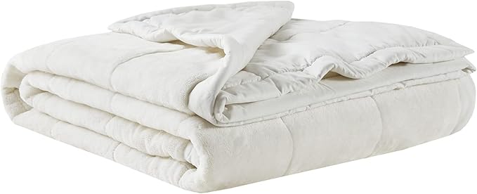 Madison Park Twin Cozy Blanket HeiQ Smart Temperature Plush to Microfiber Reverse Box Quilting, Reversible, Soft All Season, Lightweight Summer Cover, for Bed, Couch and Sofa, Twin/Twin XL, Ivory