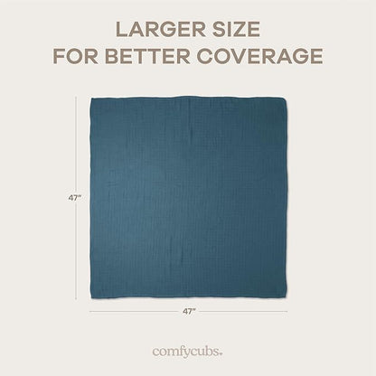 Comfy Cubs Muslin Swaddle Blankets Pack of 4, 47 x 47 Inches, Soft Cotton Baby Blanket Set, Large Multipurpose Swaddling Wraps for Newborns - Self-Soothing Swaddle - Sage, Pacific Blue, Fern, Neptune