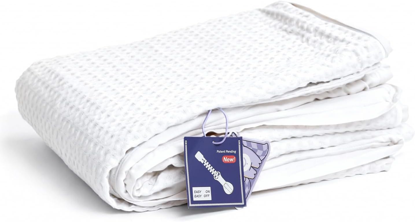 YnM Cotton Waffle Weave 3-Side Zipper Duvet Cover for Weighted Blankets | Easy on, Easy Off Coconut White, 48"x72"
