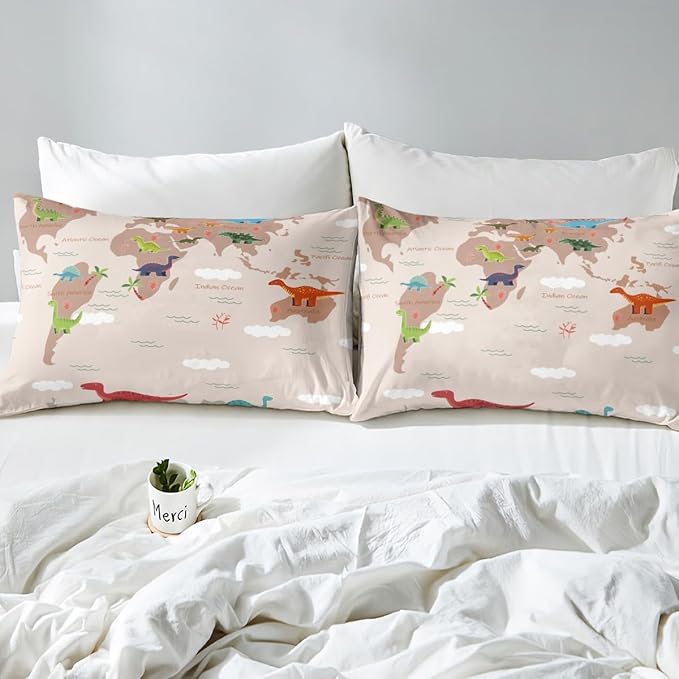 Kawaii Dinosaur Fitted Bottom Sheet Queen Size,World Land Ocean Silhouette Sheet Set Soft Polyester Bedding(No Top Sheet),Cartoon Wildlife Rustic Trees Bed Cover(1 Fitted Sheet+2 Pillow Cases)