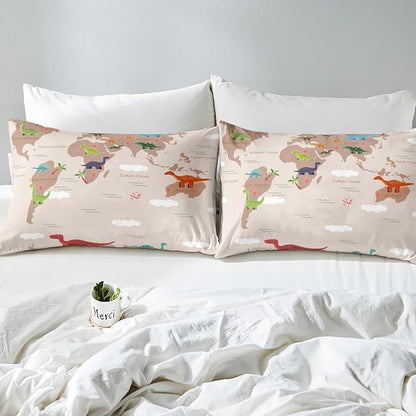 Kawaii Dinosaur Fitted Bottom Sheet Queen Size,World Land Ocean Silhouette Sheet Set Soft Polyester Bedding(No Top Sheet),Cartoon Wildlife Rustic Trees Bed Cover(1 Fitted Sheet+2 Pillow Cases)