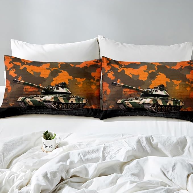 Manfei Tank Sheet Set Queen Size, Orange Camouflage Wall Print Bedding Set for Kids Boys Teens Adults, Camo Vintage Style Bed Sheet Set 4pcs with Deep Pocket Fitted Sheet + Flat Sheet + 2 Pillowcases