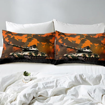 Manfei Tank Sheet Set King Size, Orange Camouflage Wall Print Bedding Set for Kids Boys Teens Adults, Camo Vintage Style Bed Sheet Set 4pcs with Deep Pocket Fitted Sheet + Flat Sheet + 2 Pillowcases