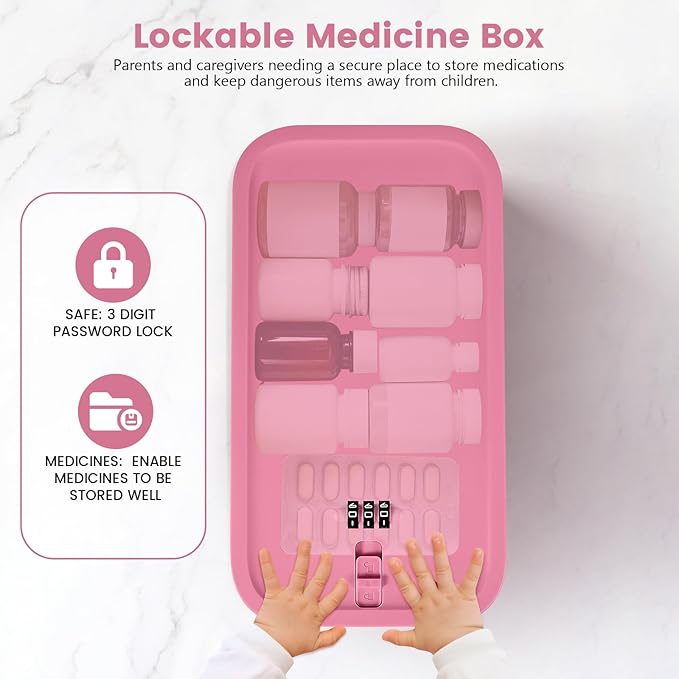 Small Lock Box,Lockable Storage Box with Combination Code for Medication Safe, Medicine Lock Box for Pills/First Aid Kits/Food/Snack Phone Jail,Locked Container for Home/Fridge/Office/School(Pink)