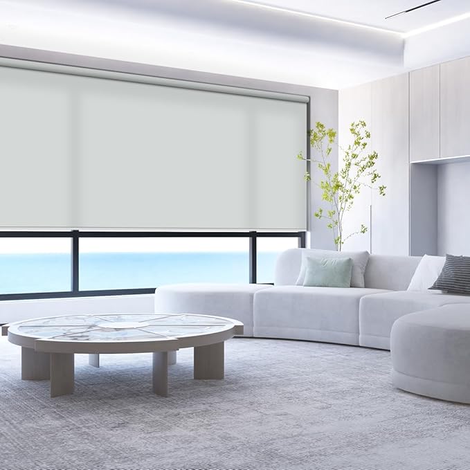 ZSHINE Motorized Window Blinds Over-Size Customize Width (21-114 Inches) Remote Control Wireless and Rechargeable Motor Roller Shades Blinds for Windows(Light Filtering Light Grey 82086C)