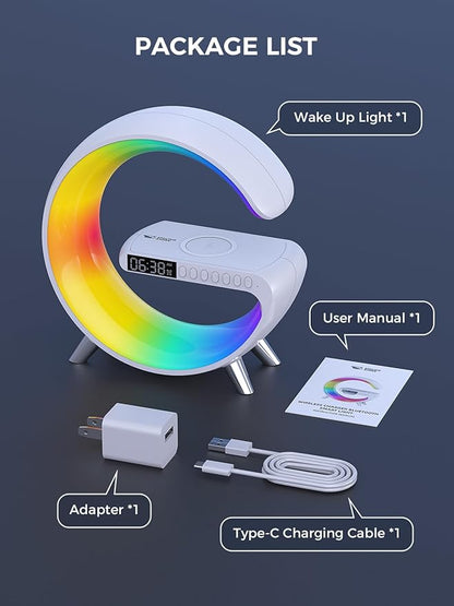Smiling Shark Wake Up Light, Wireless Charger Atmosphere Desk Light with Bluetooth Speaker White Noise App Control Dimmable Sunrise & Sunset Simulation Dual Alarm Clock Smart Light for Home Decor