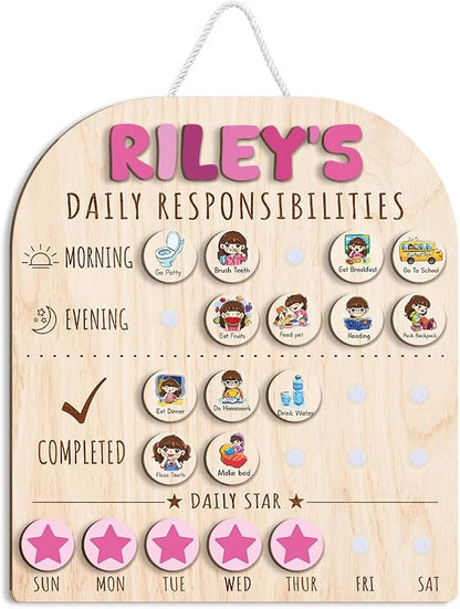 Personalized Wooden Chore Chart for Kids 15x17", Visual Schedule, Routine Chart for Kids, Morning Bedtime Routine Chart for Toddlers Ages 2-4, Daily Kids Schedule Board for Home (11)