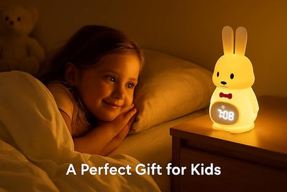 Sleep Trainer Clock for Toddlers with Color Light Cues, Bunny Alarm Clock with Night Light & Sunrise Wake Up, 12 Sounds, App Control, Rechargeable Silicone Nursery Lamp