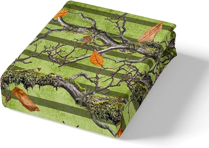 Tree Branches Kids Fitted Sheet Twin Size,Wild Hunting Adventure Cabin Bedding Set,Boys Girls Room Decor,Jungle Botanical Leaves Rustic Nature Bed Cover,Green Bed Sheet,1 Pillowcase(No Top Sheet)