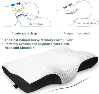 Contour Memory Foam Pillow Orthopedic Sleeping Pillows, Ergonomic Cervical Pillow for Neck Pain - for Side Sleepers, Back and Stomach Sleepers, Free Pillowcase Included (Firm & Standard Size