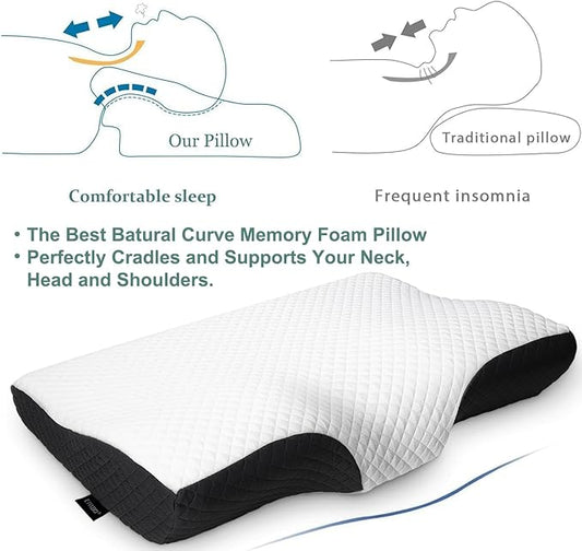 Contour Memory Foam Pillow Orthopedic Sleeping Pillows, Ergonomic Cervical Pillow for Neck Pain - for Side Sleepers, Back and Stomach Sleepers, Free Pillowcase Included (Firm & Standard Size