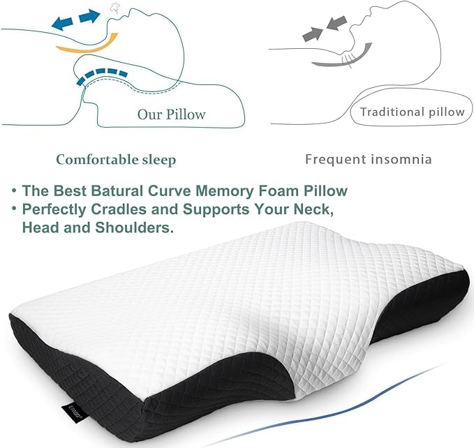 Contour Memory Foam Pillow Orthopedic Sleeping Pillows, Ergonomic Cervical Pillow for Neck Pain - for Side Sleepers, Back and Stomach Sleepers, Free Pillowcase Included (Soft & Queen Size)