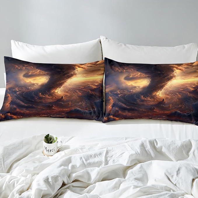 Tornado Bedding Set Twin Size Natural Disaster Scene 3D Print Bed Set for Teens Kids Sheet Microfiber Sunset Sky Clouds Tornado View Bed Cover(1 Fitted Sheet+1 Pillow Case)