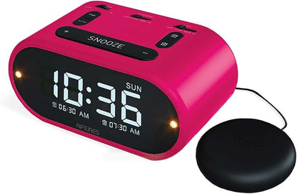 Riptunes Loud Alarm Clock with Bed Shaker for Heavy Sleepers & Hearing Impaired - Dual Alarm for Bedroom Weekday and Weekend Settings USB Charging, Dimmer, Snooze