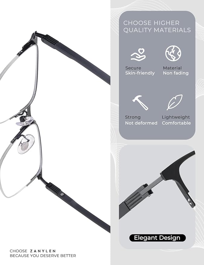 Blue Light Blocking Glasses Men Computer Gaming Glasses Rectangle Metal Semi-rimless Black Frame Anti Glare/UV400 Clear Lens