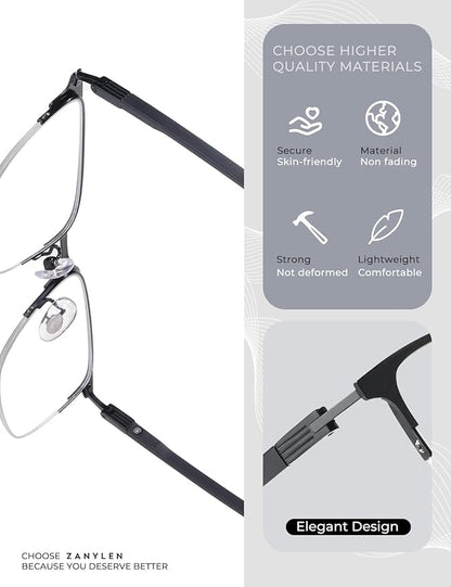 Blue Light Blocking Glasses Men Computer Gaming Glasses Rectangle Metal Semi-rimless Black Frame Anti Glare/UV400 Clear Lens