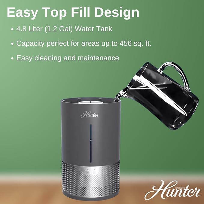 HHE150 Hunter Aspire 4.8L Evaporative Humidifier with PermaWick Filter (4.8L) - Remove Contaminants & White Dust for Clean Mist & Air – Medium Humidifier for Home, Bedroom, or Dorm - White