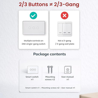 Smart Light Switch,3-Button,Aluminum Frame, Neutral Required,2.4GHz, Tuya Smart Life App,Voice Control,2.5D Curved-Edge Tempered Glass Panel,White