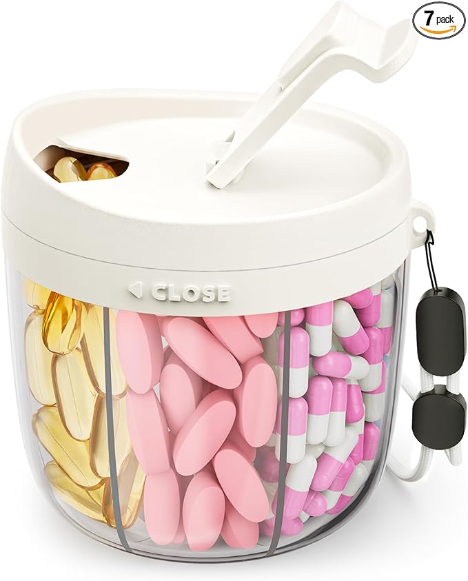 Cute Pill Dispenser with 7 Large Compartments, Portable Pill Bottle Organizer with Wide Opening for Easy Use, Anti-Mix Pill Organizer for Travel, BPA-Free Pill Container, White