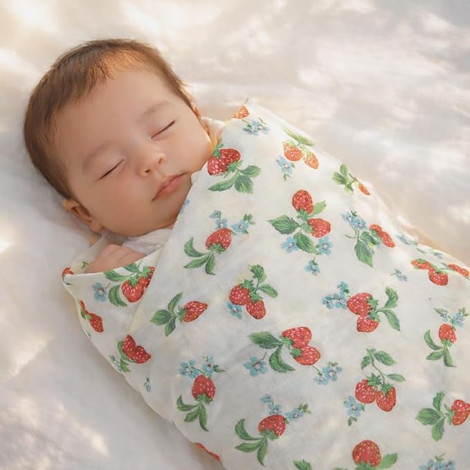 Bamboo Muslin Swaddle Blankets for Newborn – 70% Bamboo Cooling Lightweight Summer Baby Receiving Blankets, Oversized 47x47, 2 Pack – Strawberry Garden