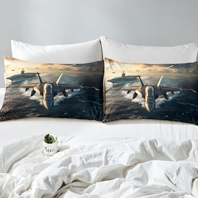 Fighter Aricraft Kids Fitted Sheet Twin Size,Warplane Warship Aviation Airplane Modern Fashion Bedding Set,Boys Men Room Decor,Sea Surface Sunset Bed Cover,Grey Bed Sheet,1 Pillowcase