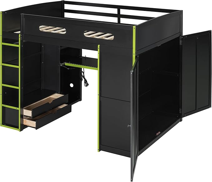 GOWE Full Size Wood Loft Bed with Desk,Wardrobe,Ample Storage Space,and RGB Light, Green(Old SKU:LT000261AAG)