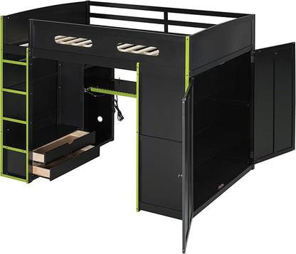 GOWE Full Size Wood Loft Bed with Desk,Wardrobe,Ample Storage Space,and RGB Light, Green(Old SKU:LT000261AAG)