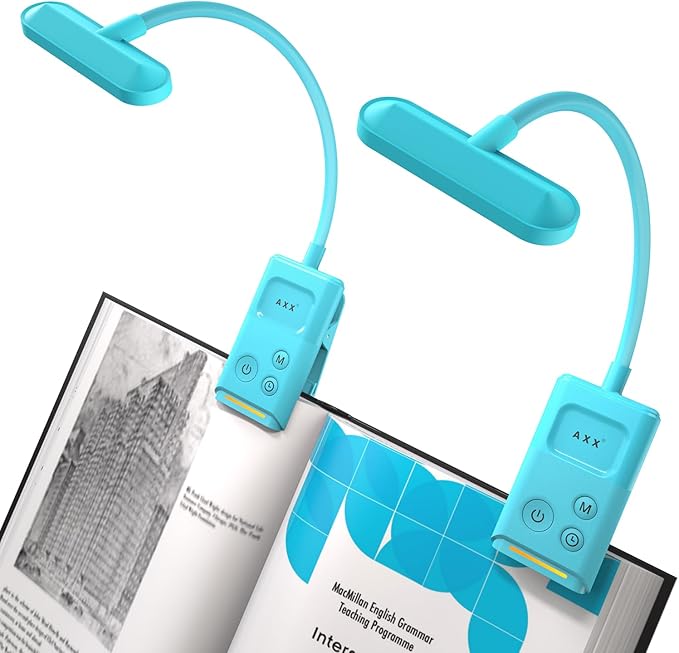 AXX Clip on Book Light for Bed, Rechargeable Reading Lamp for Kids, 1000mAh Battery Operated, 30/60 Minutes Timer, Lighting Accessories for Travel Car at Night - Misty Blue, 2 Pack