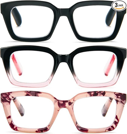 DXYXYO Reading Glasses for Women Blue Light Blocking Oversized Fashion Oprah Style Square Computer Readers, 1.5 Magnification 3 Pack
