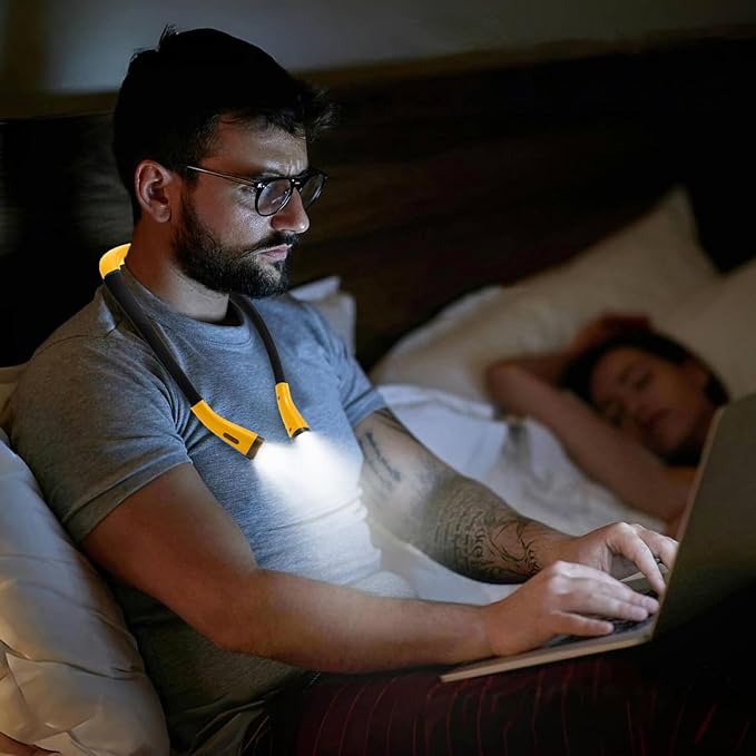 Neck Reading Light Rechargeable, 6 Brightness Levels 3 Colors Amber Book Light for Reading in Bed, 80H Working, Hands-Free for Reading, Crocheting, Repairing and Camping (Yellow)