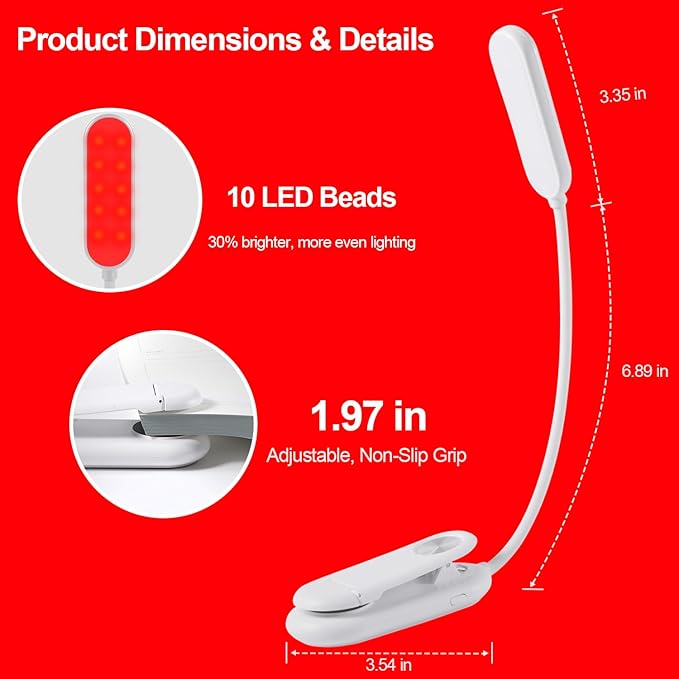 630nm Red Book Light [1 Pack] - Zero Blue Light, Rechargeable Clip On Red Reading Light Lamp for Reading at Night - Poratble Dimmable LED Book Lamp, Perfect for Lovers Travel Studying Nursing