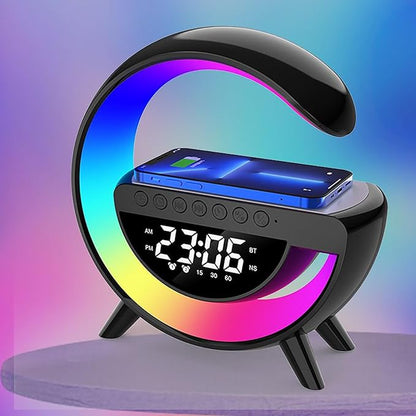 Wireless Charging Table Lamp, Multifunctional Bluetooth Speaker & Alarm Clock - LED Bedside Desk Lamp Night Light for Heavy Sleepers, Superfine Bedroom Home Decoration (Black)
