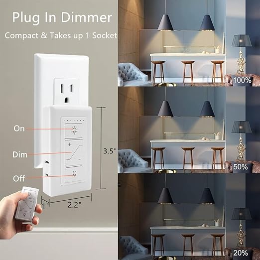 Nexete Smart Dimmer Plug Outlet Switch with Remote, Lamp Dimmer Outlet Switch Plug Adapter for Dimmable LED Light Bulbs Lamps String Lights Voice Control,Work with Alexa ( Plug in Dimmer with Remote )
