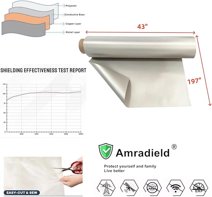Amradield Faraday Fabric 197"x 43" Faraday Cloth Tape Nickel Copper Polyester Material Influence RF Signals WiFi Cell Bluetooth RFID Guards You Against Harmful Frequencies and Possible Data Theft