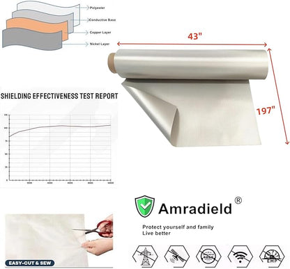 Amradield Faraday Fabric 197"x 43" Faraday Cloth Tape Nickel Copper Polyester Material Influence RF Signals WiFi Cell Bluetooth RFID Guards You Against Harmful Frequencies and Possible Data Theft