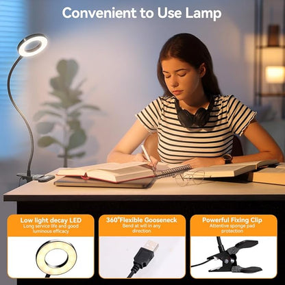 Skymore Desk Clip on Light, [3 Color Modes & 10 Brightness] LED Reading Light with Clamp, Flexible Gooseneck Book Light for Kids Reading Book in Bed, Headboard-Black