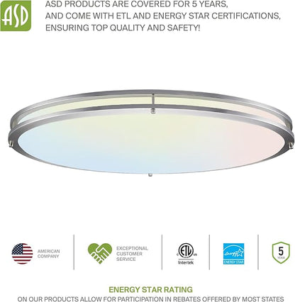 ASD LED 32" Oval Flush Mount Lighting, Close to Ceiling Light Fixture | 3CCT, Dimmable, Energy Star, ETL Listed | 45W 3750LM 3000-5000K 100-277V | Low Profile Double Ring Lamp | Nickel