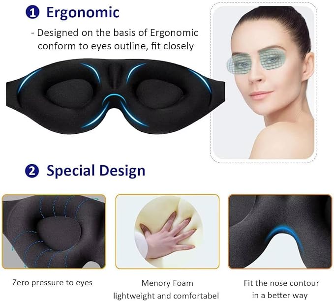 Signature 8 3D Eye Mask Sleep Mask for Men & Women, 100% Pressure-Free & Light Block-Out Eye Mask for Sleep with Easy Adjustable Strap, Night Eye Cover for Travel, Black