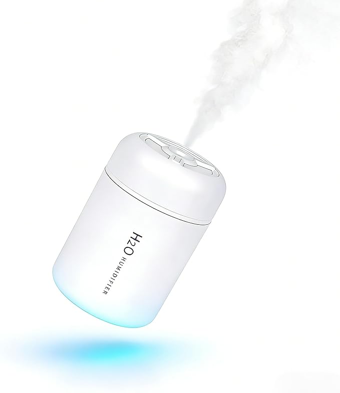 300ml Portable Mini Cool Mist Humidifier with Colorful Lights, USB-Powered for Bedroom, Office, Plants, Travel & Car (White)