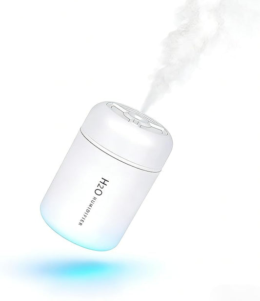 300ml Portable Mini Cool Mist Humidifier with Colorful Lights, USB-Powered for Bedroom, Office, Plants, Travel & Car (White)