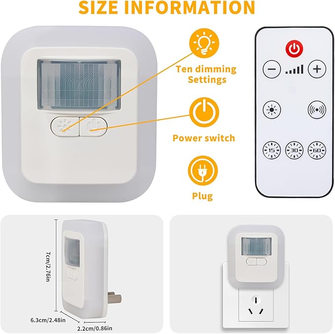 Motion Sensor Night Light Plug into Wall - Auto On/Off, Dimmable LED with Dual Sensor (Motion+Light), 10 Brightness Levels, 4 Timers for Hallway, Bathroom, Nursery (Remote Included)