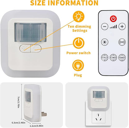 Motion Sensor Night Light Plug into Wall - Auto On/Off, Dimmable LED with Dual Sensor (Motion+Light), 10 Brightness Levels, 4 Timers for Hallway, Bathroom, Nursery (Remote Included)