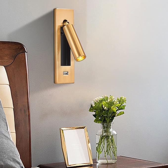 LED Wall Light Bedside Reading Light, with USB Portable Charging Port, Lift Down Control Switch,Hardwire Recessed Unplugged (Gold)