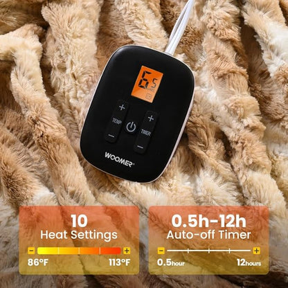 WOOMER Electric Blanket Twin Size 62" x 84", Heated Blanket with 0.5-12 Hours Timer & 10 Heating Levels, ETL Certified, Beige Double-Sided Faux Fur, Over-Heat Protect, Machine Washable