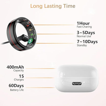 Fit Ring for Women Men, Ring Health Tracker with Heart Rate,Blood Oxygen,Heart Rate Variability, Stress, Sleep Monitor, Step Counter, Smart Ring for iPhone & Android, No Subscription Fee (Black, 10#)