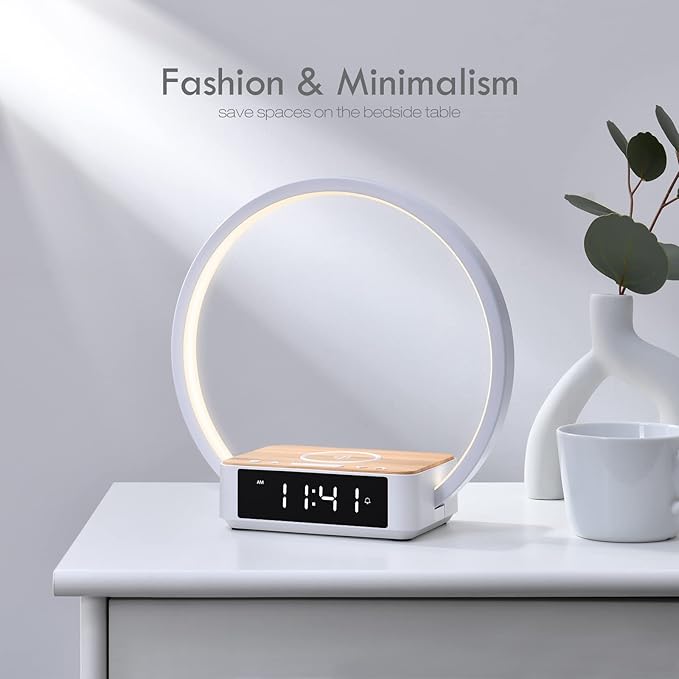 WILIT Bedside Lamp with Alarm Clock,Touch Lamp with Wireless Charger,Nightlight for Bedroom,Sunrise Wake-up Light,3-Grade Dimmable,Birthday Gifts for Her,Women,Men,Mom,Daughter,Girlfriend(Wood Grain)