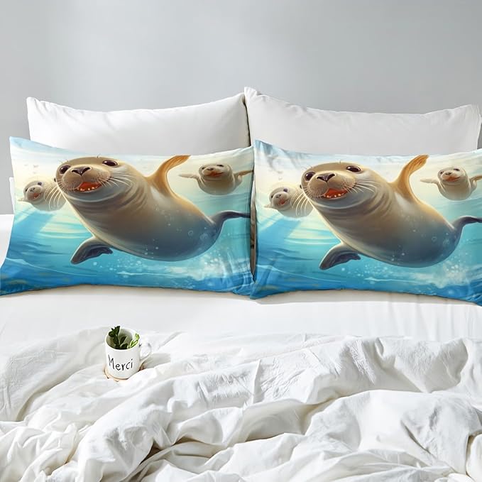 Cute Seal Kids Fitted Sheet Queen Size,Sea Lion Ocean Animals Theme Bedding Set,Boys Girls Room Decor,Underwater World Marine Creature Sealife Bed Cover,Blue Grey Bed Sheet,2 Pillowcases