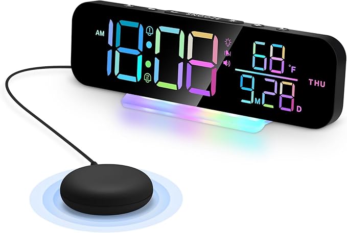 Extra Loud Vibrating Alarm Clock,Large LED Digital Display,Dual Alarms,Multiple RGB Colors,Dimmable Volume Adjustable,for Deep Sleepers and Hearing Impaired Deaf Seniors (Black)