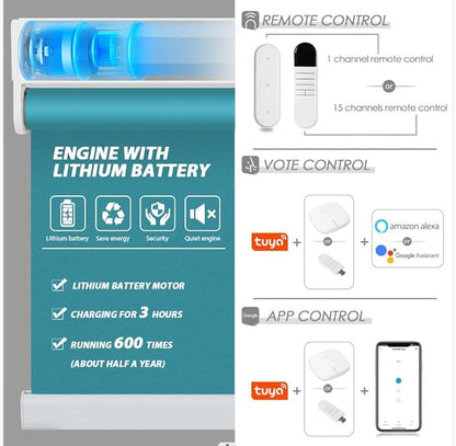 Allesin Motorized Roller Shade Blinds Work with Alexa for Window, Blackout Smart Shades Cordless with Remote Control, Electric Automated Blinds, Customized Size, Lithium Battery Motor(Turquoise Blue)